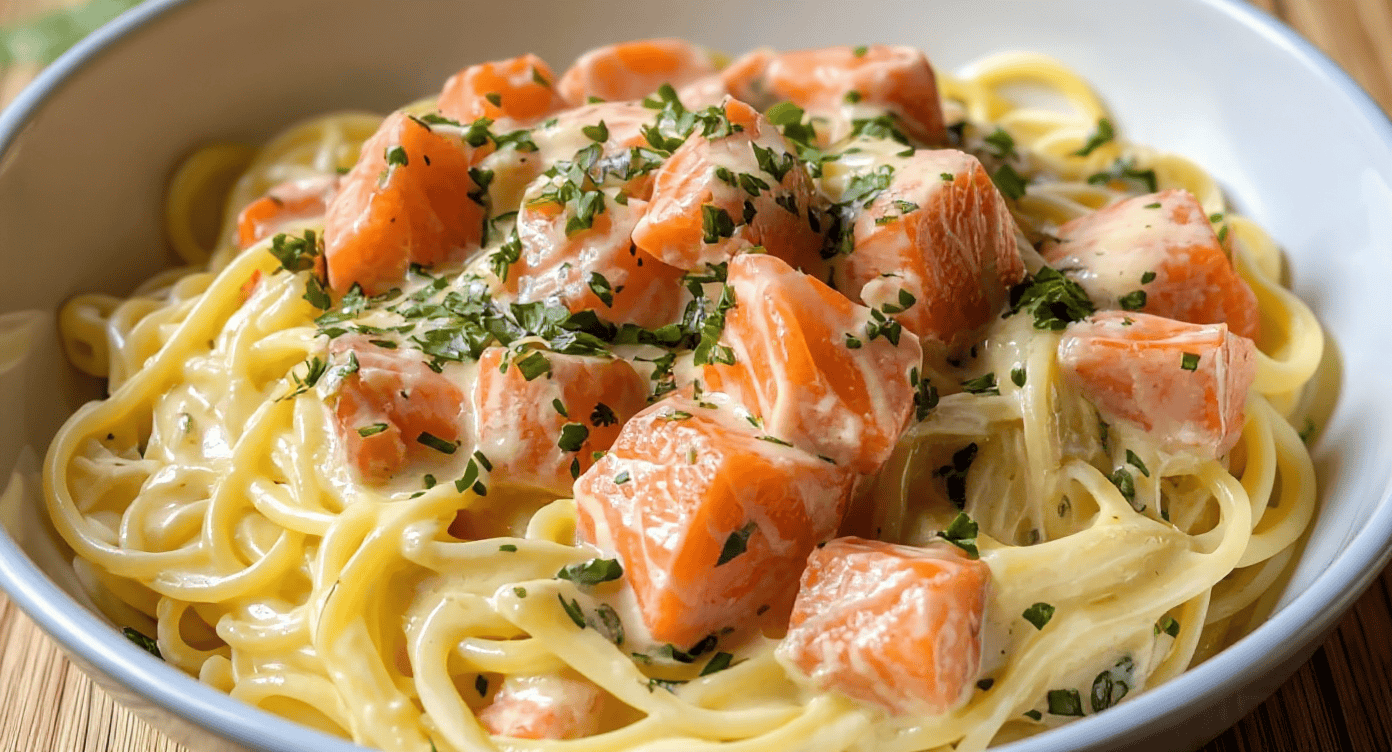 Creamy salmon pasta with fresh herbs and rich sauce, perfect for easy dinner recipes. A delicious seafood dish on a white plate, featuring tender salmon chunks and perfectly cooked spaghetti.