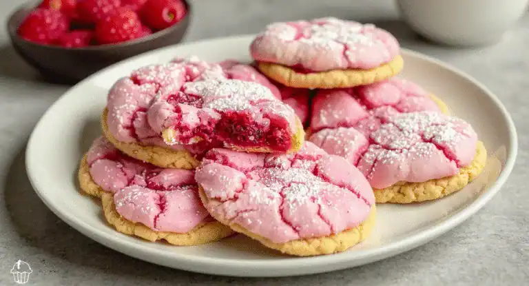 Fresh homemade strawberry cookies with pink icing and powdered sugar on a white plate, perfect for dessert or snack.