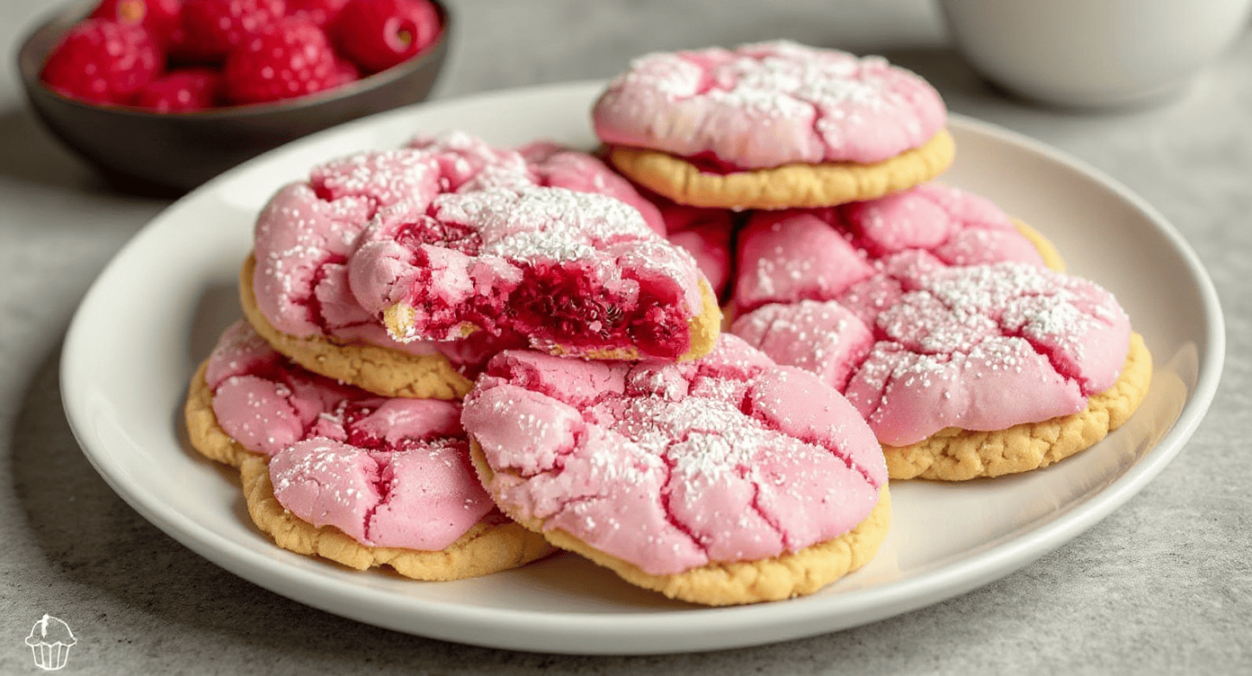 Fresh homemade strawberry cookies with pink icing and powdered sugar on a white plate, perfect for dessert or snack.