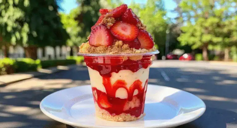 Fresh strawberry parfait dessert with cream, strawberry sauce, and crunchy crumble topping, served in a clear cup on a white plate outdoors. Perfect for summer treats and fruit-based desserts.