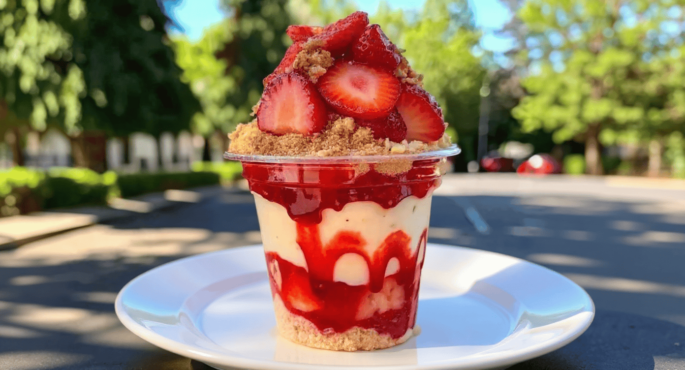Fresh strawberry parfait dessert with cream, strawberry sauce, and crunchy crumble topping, served in a clear cup on a white plate outdoors. Perfect for summer treats and fruit-based desserts.