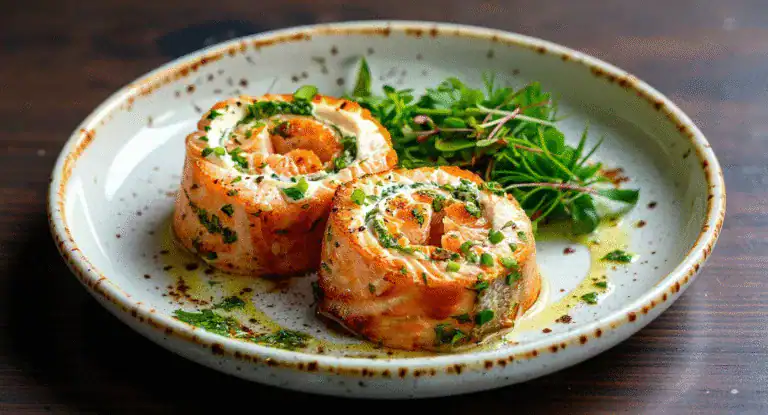 Savory salmon roulade with herbs served on a rustic plate, garnished with fresh greens and drizzled with lemon oil, perfect for gourmet recipes.