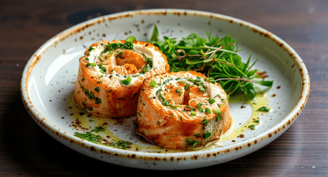 Savory salmon roulade with herbs served on a rustic plate, garnished with fresh greens and drizzled with lemon oil, perfect for gourmet recipes.