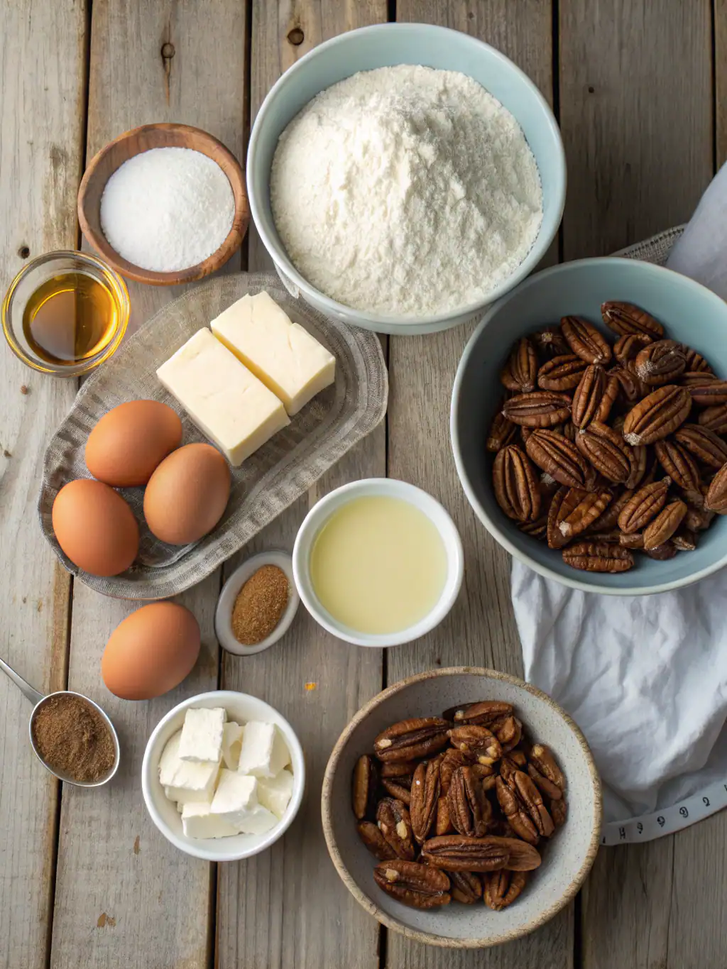 Cream cheese, eggs, pecans, flour, butter, sugar, vanilla extract, and spices arranged on a rustic wooden surface for baking pecan pie.