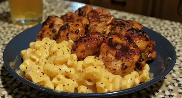 Succulent grilled chicken thighs with a rich glaze served alongside creamy macaroni and cheese, perfect for comfort food lovers. Enjoy this delicious Meal from Recipestang.com.