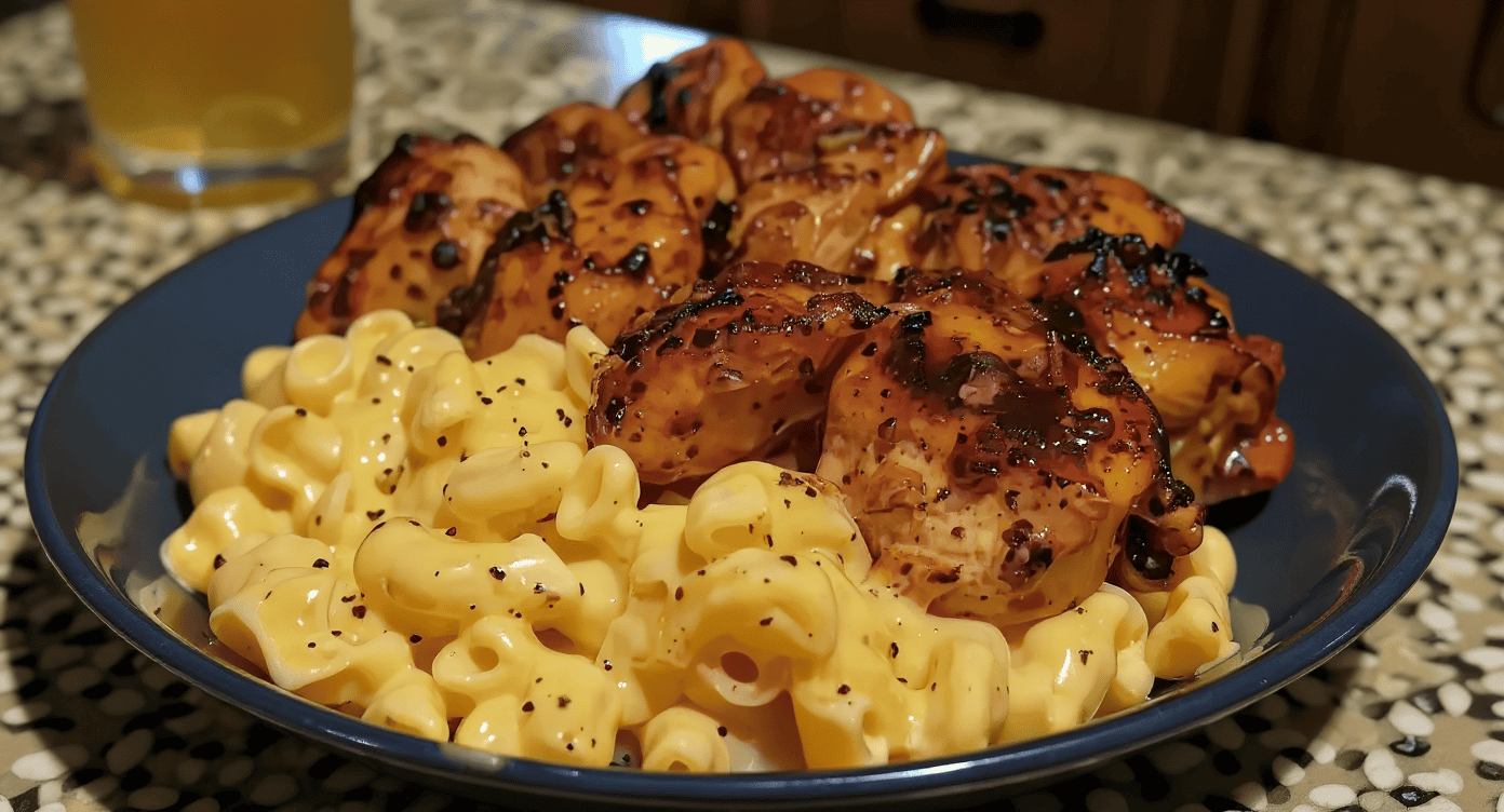 Succulent grilled chicken thighs with a rich glaze served alongside creamy macaroni and cheese, perfect for comfort food lovers. Enjoy this delicious Meal from Recipestang.com.