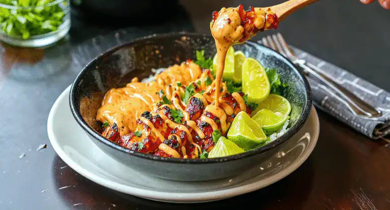 Savory grilled chicken skewers with creamy peanut sauce and fresh lime wedges served in a black bowl, garnished with cilantro and drizzled with additional sauce, on a dark wooden table.