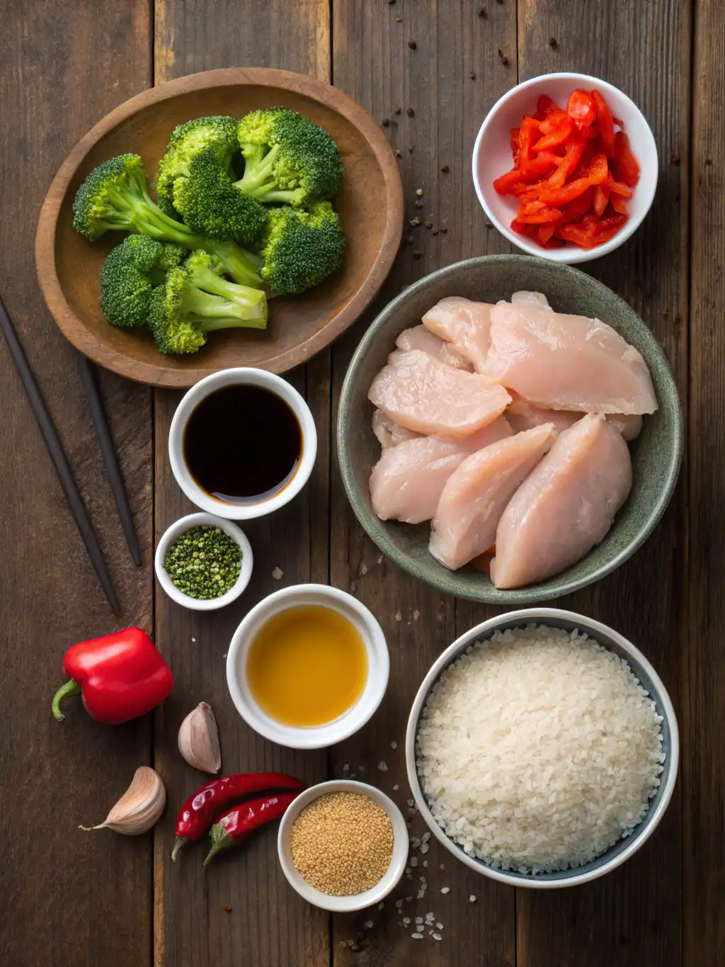 Fresh broccoli florets and chicken breast prepared for stir-fry, with ingredients like garlic, chili peppers, soy sauce, and rice, on a rustic wooden table for healthy Asian cuisine recipes.