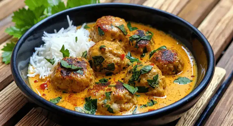 Savory meatballs in rich, creamy curry sauce garnished with fresh herbs, served with a side of white rice in a black bowl, creating a delicious and flavorful Asian-inspired dish.