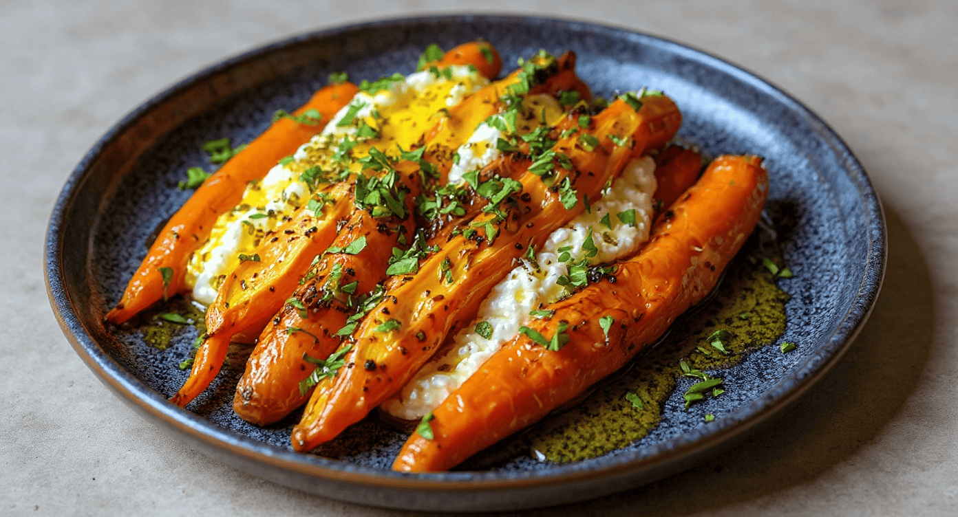 Roasted carrots with creamy ricotta cheese, fresh herbs, and a drizzle of olive oil served on a rustic ceramic plate. Perfect for healthy, flavorful meals or side dishes.