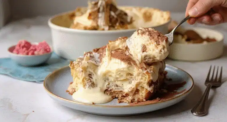 Creamy Tiramisu Dessert with Chocolate Shavings on Top, served on a ceramic plate; delicious Italian layered coffee-flavored dessert from RecipeStang.