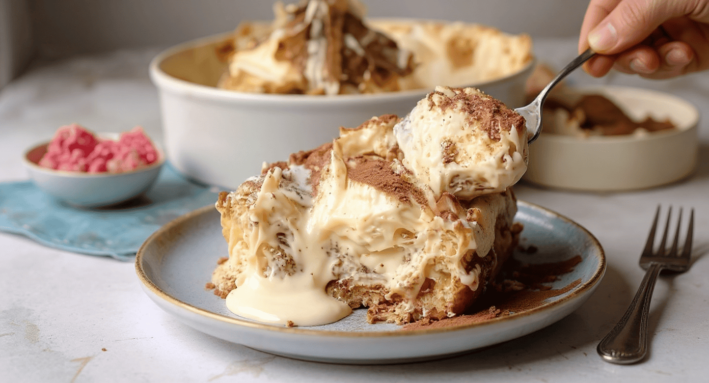 Creamy Tiramisu Dessert with Chocolate Shavings on Top, served on a ceramic plate; delicious Italian layered coffee-flavored dessert from RecipeStang.