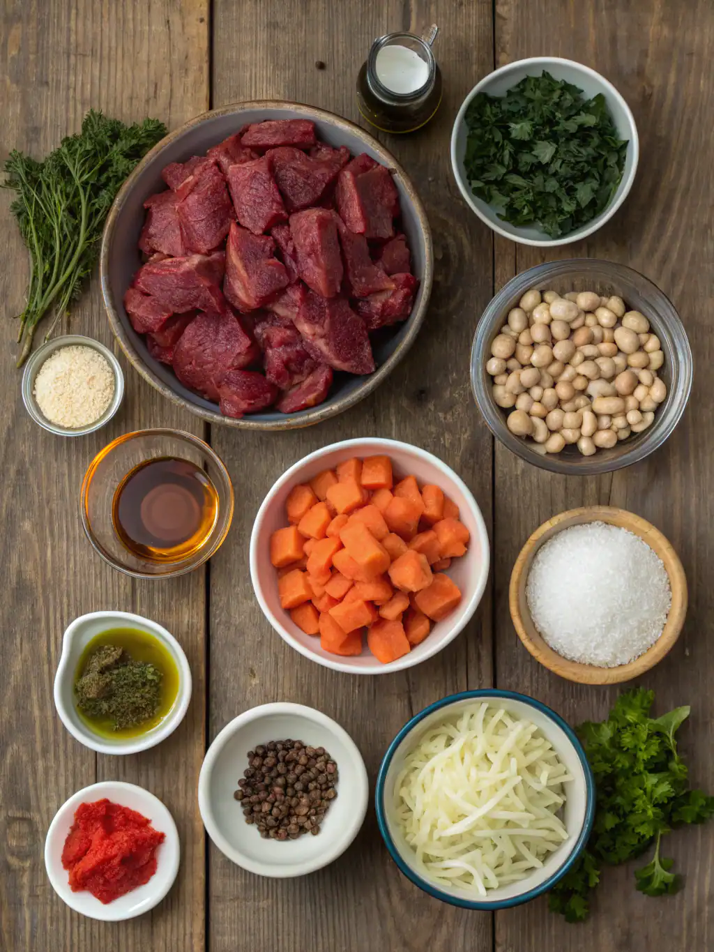Chunks of raw beef on a rustic wooden table with various fresh vegetables and herbs, perfect for preparing hearty beef stew recipes.
