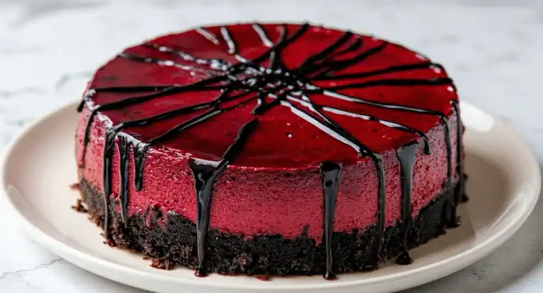 Raspberry chocolate mousse cake with ganache, topped with chocolate drizzle on a white plate, perfect for dessert lovers and special occasions.
