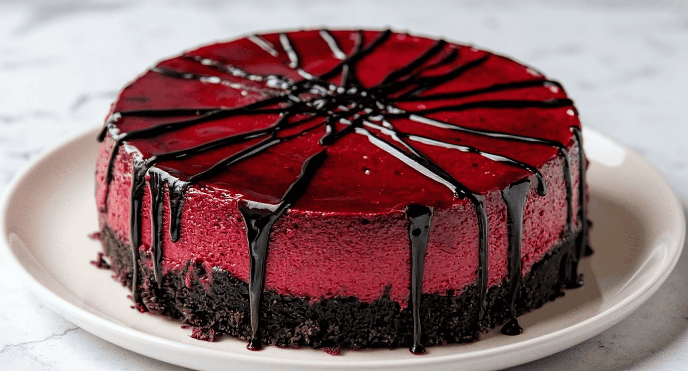 Raspberry chocolate mousse cake with ganache, topped with chocolate drizzle on a white plate, perfect for dessert lovers and special occasions.