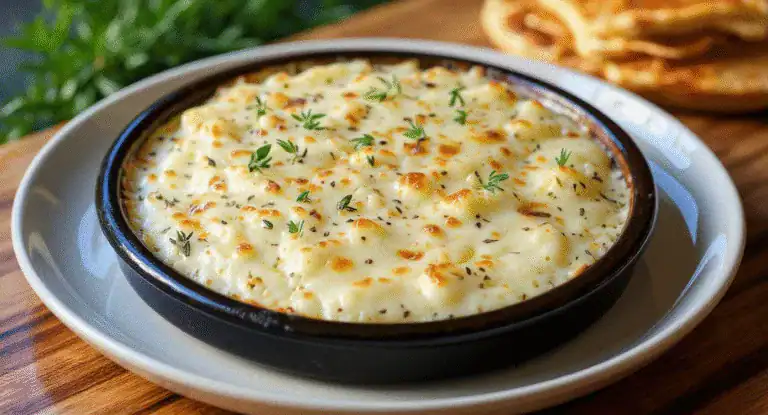 Creamy baked macaroni and cheese with golden cheese topping, garnished with fresh herbs, served in a rustic black bowl on a white plate. Perfect comfort food.