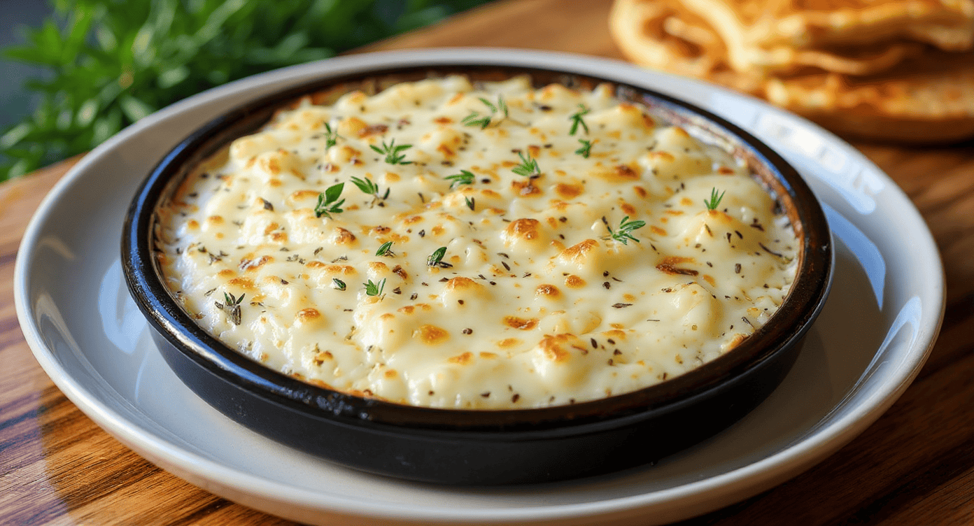 Creamy baked macaroni and cheese with golden cheese topping, garnished with fresh herbs, served in a rustic black bowl on a white plate. Perfect comfort food.