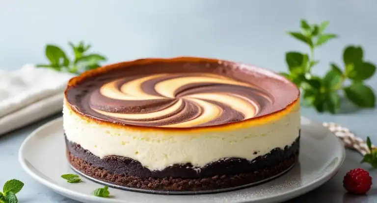 Creamy cheesecake with chocolate and vanilla swirl topping on a white plate.