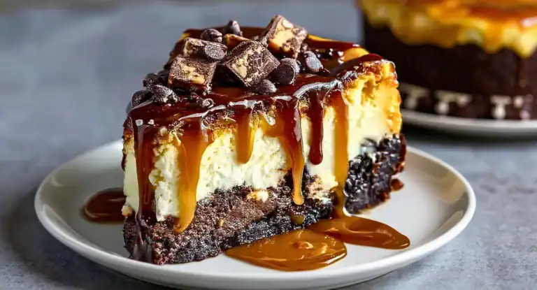 Decadent chocolate caramel cheesecake topped with chocolate chunks and drizzled with rich caramel sauce, perfect for dessert lovers and special occasions.
