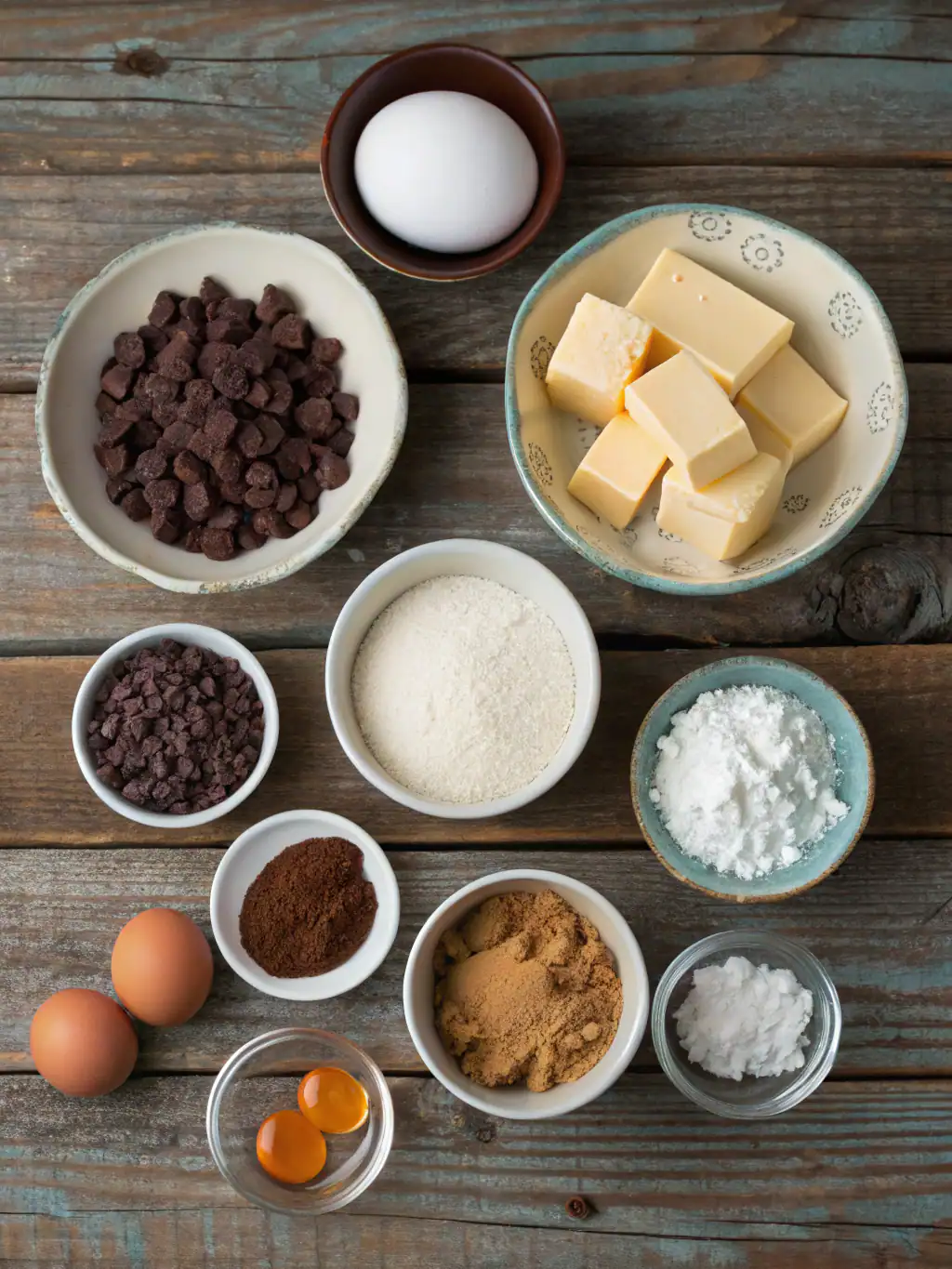 Creamy cheese, chocolate chips, eggs, and baking ingredients arranged for delicious baking at Recipestang. Perfect for making chocolate cheesecake or other sweet treats.