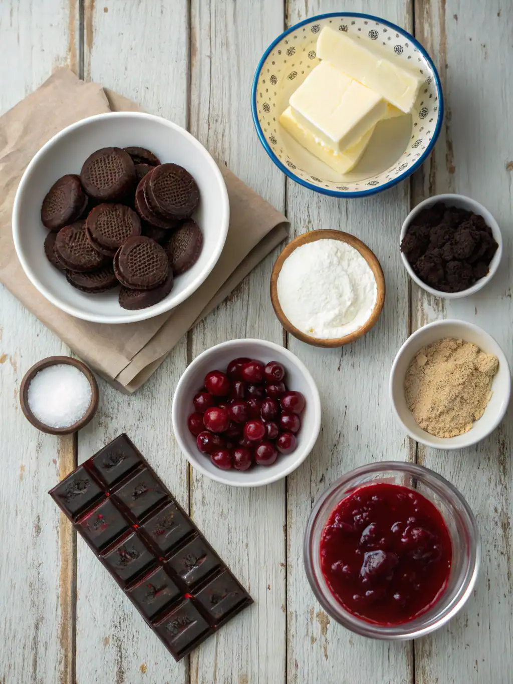 Creamy white chocolate, fresh cherries, Oreo cookies, and rich chocolate bars arranged on a rustic wooden surface for delicious dessert ingredients.