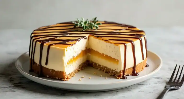 Creamy cheesecake with chocolate drizzle on a white plate, slice removed to show layers, garnished with herbs, ideal for dessert recipes.