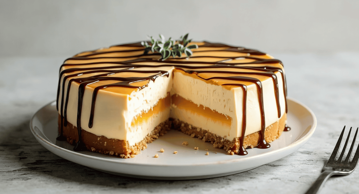 Creamy cheesecake with chocolate drizzle on a white plate, slice removed to show layers, garnished with herbs, ideal for dessert recipes.