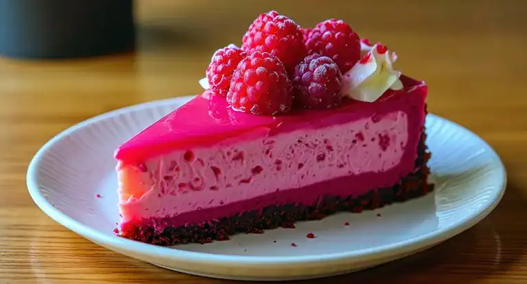 Raspberry mousse cheesecake with fresh raspberries on top, served on a white plate, showcasing vibrant pink and berry flavors, perfect for dessert lovers seeking delicious recipes.