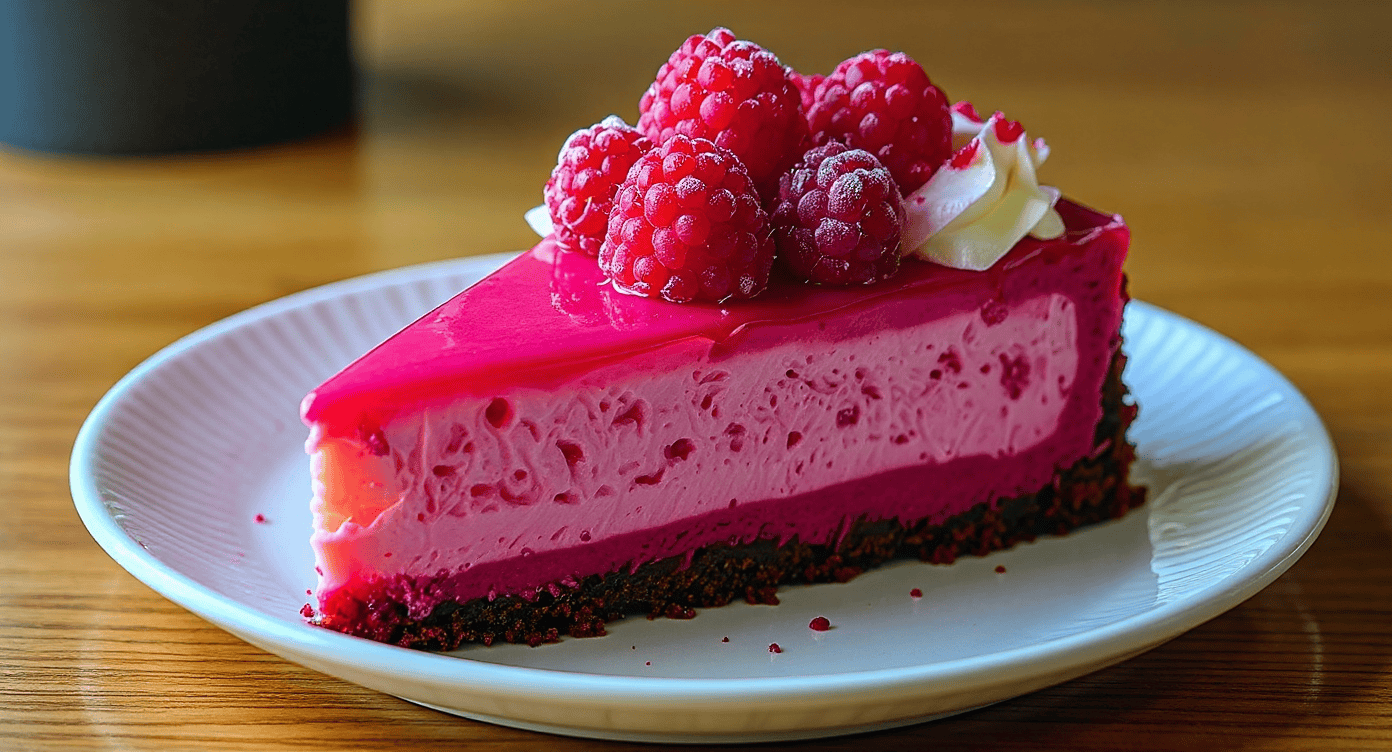 Raspberry mousse cheesecake with fresh raspberries on top, served on a white plate, showcasing vibrant pink and berry flavors, perfect for dessert lovers seeking delicious recipes.