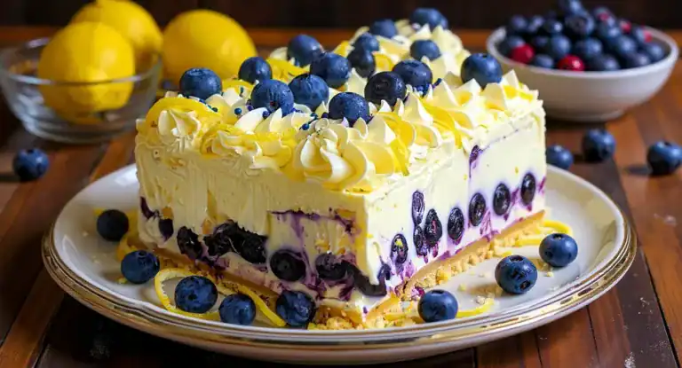Fresh blueberry cheesecake topped with whipped cream and lemon zest on a decorative platter, surrounded by fresh blueberries and lemons for a vibrant dessert presentation.