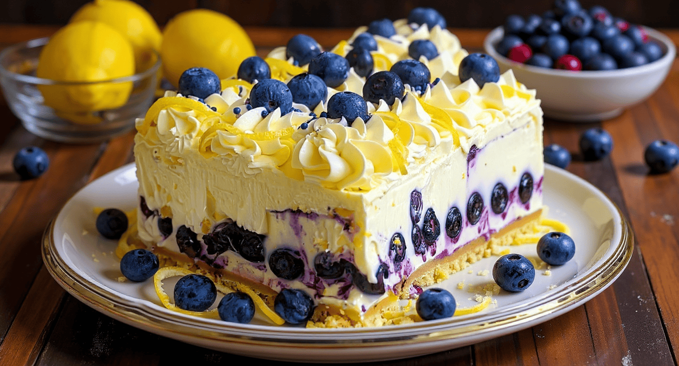 Fresh blueberry cheesecake topped with whipped cream and lemon zest on a decorative platter, surrounded by fresh blueberries and lemons for a vibrant dessert presentation.