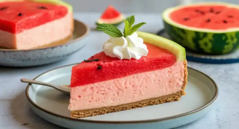 Fresh watermelon cheesecake topped with whipped cream and mint, served on a plate with additional watermelon slices in the background. Perfect for summer desserts and fruit lovers, recipe ideas from Recipestang.