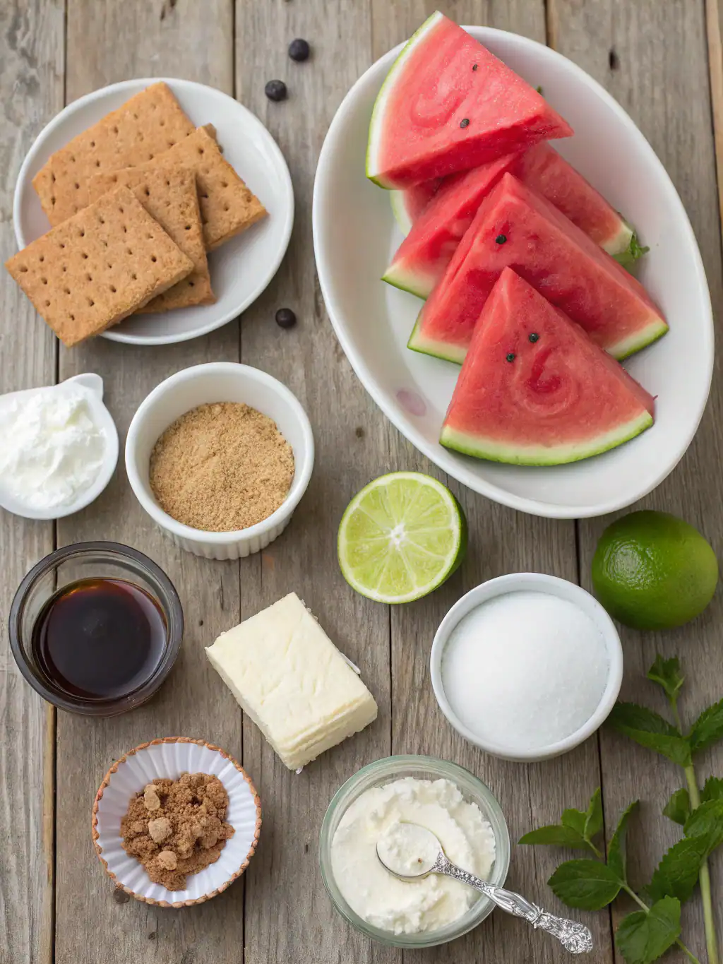 Ingredients for no-bake watermelon cheesecake a slice of summer!
