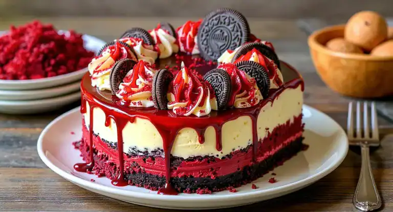 Delicious red velvet cheesecake with Oreo cookies, whipped cream, and berry topping on a white plate. Perfect dessert for celebrations and special occasions.