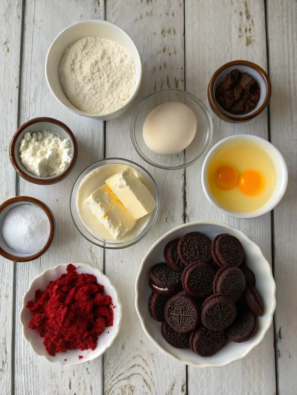 Cream cheese, eggs, flour, cocoa, and other baking ingredients on rustic wooden table for Oreo cookies recipe.