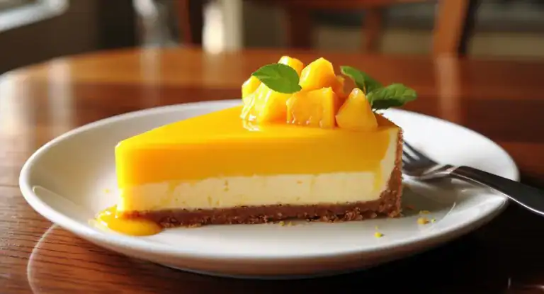 Creamy mango cheesecake with fresh fruit topping on a white plate, perfect dessert for mango lovers.