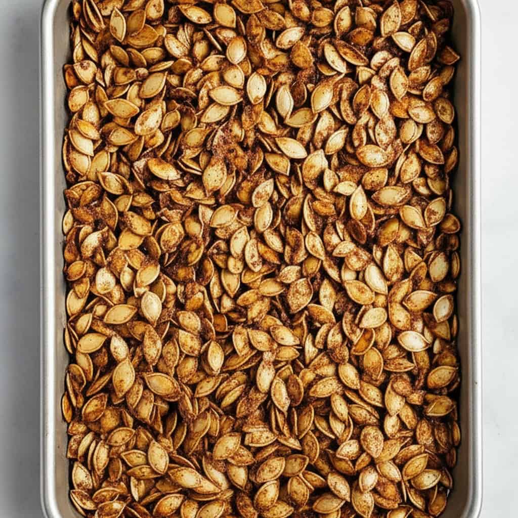 Roasted pumpkin seeds on baking sheet for healthy snack or cooking ingredient.