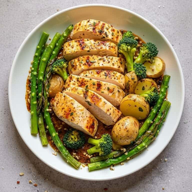 Juicy grilled chicken breast with roasted potatoes, fresh broccoli, and asparagus on a white plate, served with flavorful herbs and seasoning for a healthy, delicious meal.