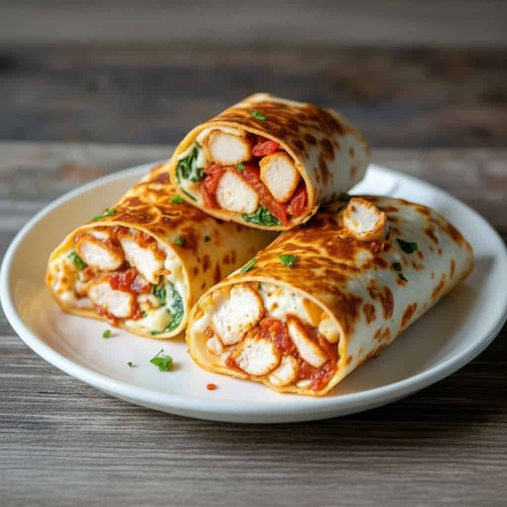 Savory chicken and vegetable wraps with melted cheese, grilled to perfection on a plate, perfect for quick, delicious meals and healthy eating options.