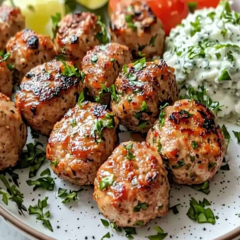 Meatball appetizers garnished with chopped herbs and sauce, served on a white plate perfect for party snacks, easy to prepare delicious recipes.