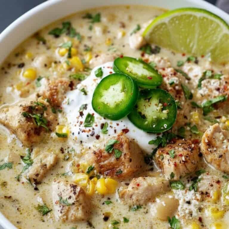 Creamy chicken and corn soup with lime and jalapeno slices, garnished with fresh herbs and spices, served in a white bowl for a flavorful, comforting meal.