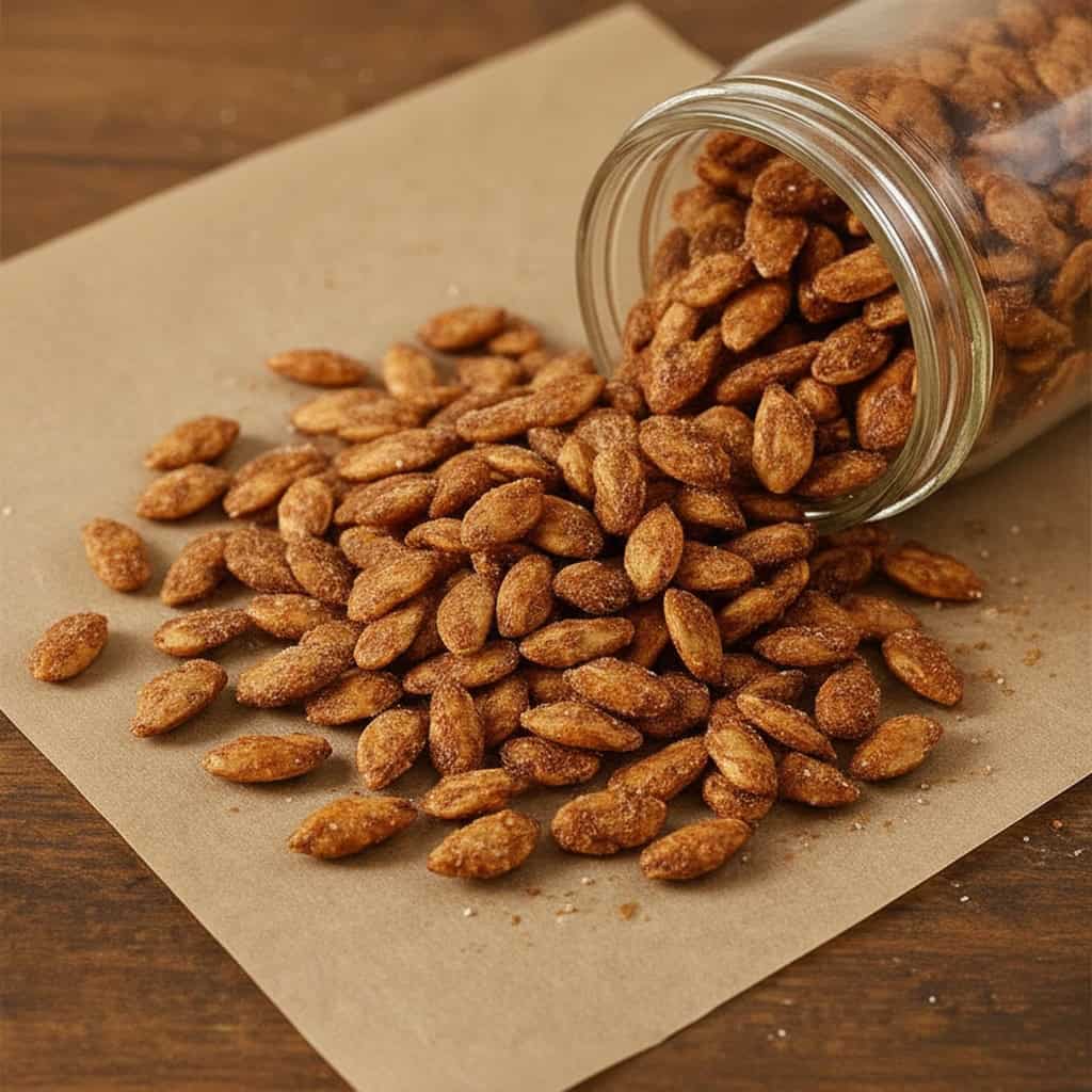 Crunchy roasted almonds spilling from glass jar onto parchment paper, perfect for snacking or baking, emphasizing fresh, healthy ingredients for recipes and food tips.
