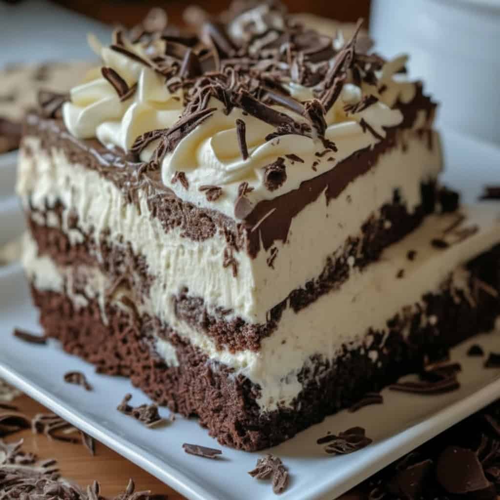 Rich chocolate and vanilla layered cake topped with whipped cream and chocolate shavings, perfect for desserts and celebrations.