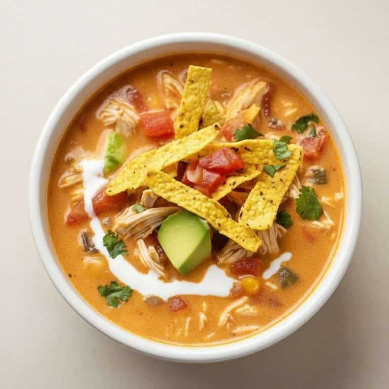 Creamy chicken and vegetable tortilla soup with fresh toppings including avocado, cilantro, and crispy tortilla strips, perfect for healthy and flavorful meal options.
