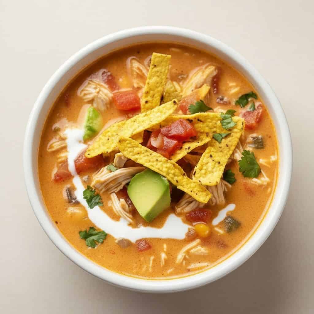 Creamy chicken and vegetable tortilla soup with fresh toppings including avocado, cilantro, and crispy tortilla strips, perfect for healthy and flavorful meal options.