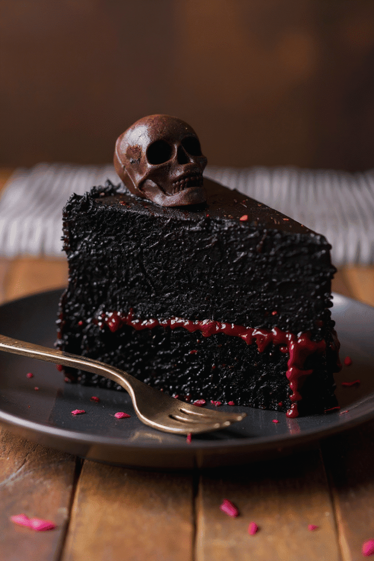 Rich chocolate cake with a dark, glossy glaze topped with a edible skull decoration for a spooky and decadent dessert experience. Perfect for Halloween or gothic-themed celebrations.