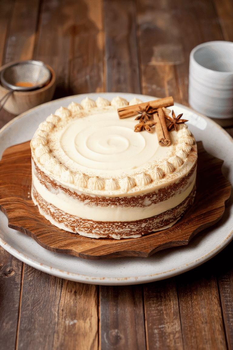 Creamy vanilla-layered cake with cinnamon sticks and star anise garnishes, served on a rustic wooden table, perfect for holiday celebrations or special occasions.
