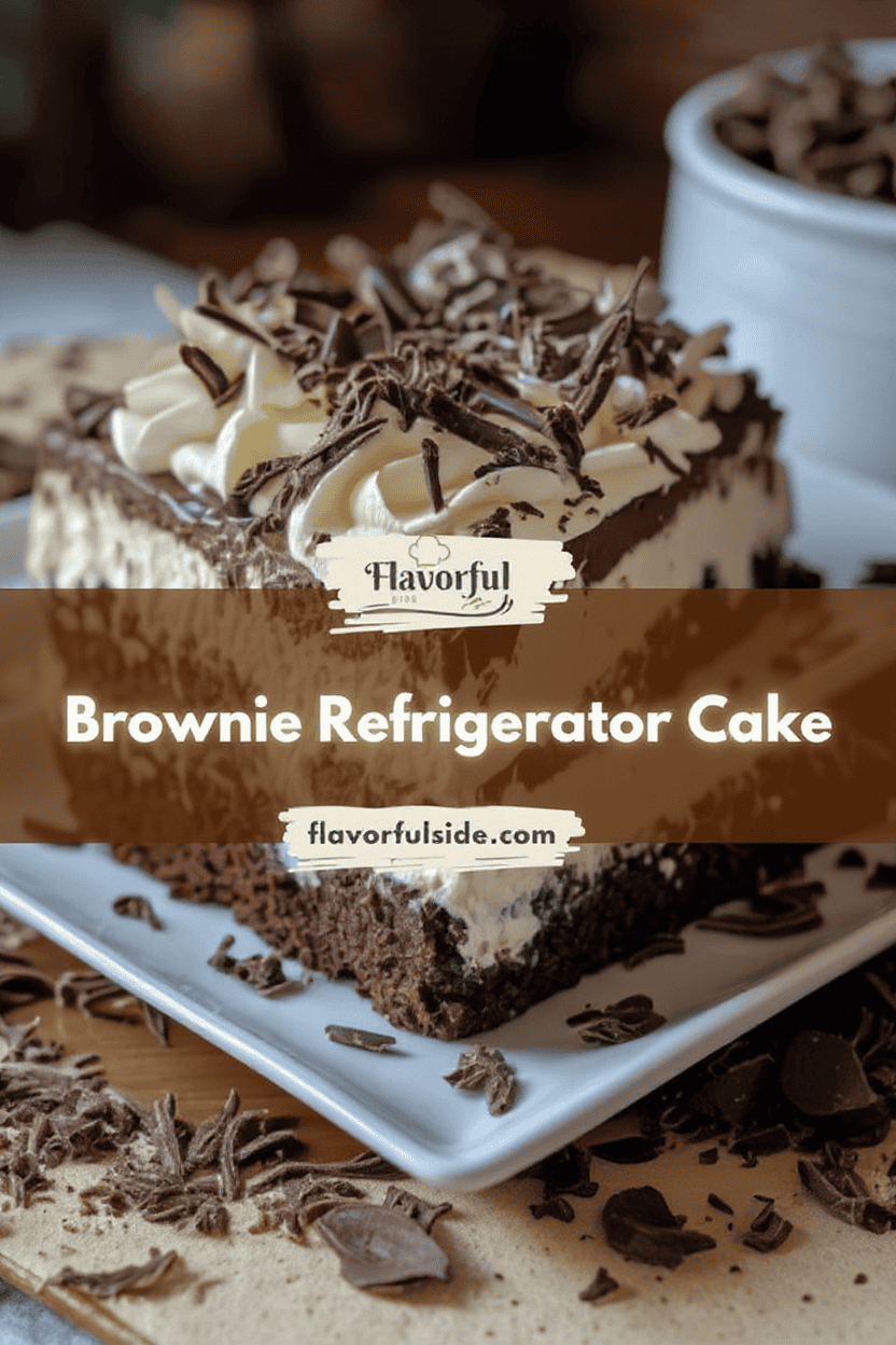 Rich chocolate brownie refrigerator cake topped with whipped cream and chocolate shavings for a delicious dessert. Perfect for sharing at gatherings or enjoying as a sweet treat.