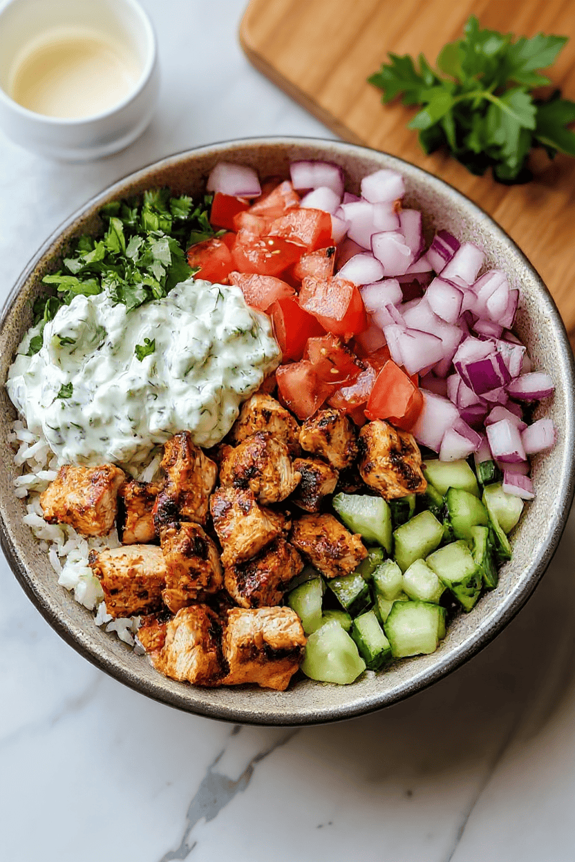 Freshly made chicken rice bowl with chopped cucumbers, tomatoes, onions, grilled chicken pieces, and creamy herb sauce, served in a rustic bowl.