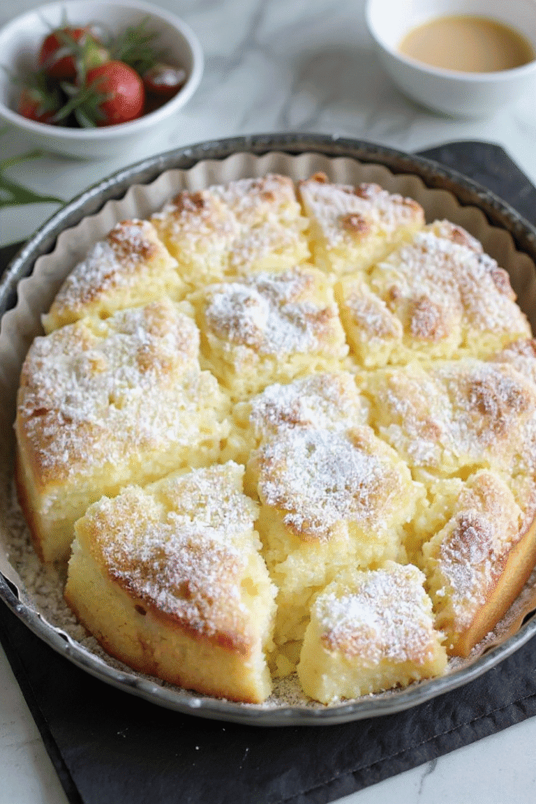 Fluffy homemade cheesy potato casserole dusted with powdered sugar served in a round baking dish with strawberries and a dipping sauce in the background.